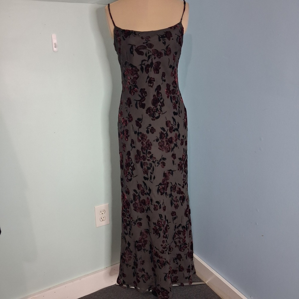 Ann Taylor VTG 90s Grunge Velvet Burnout Floral Maxi Dress Grey Burgundy Sz 4